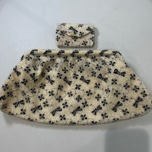 Vintage Lumured Corde Bead Clutch Bag Womens Large 2 pc Beaded Bows Retro 50s